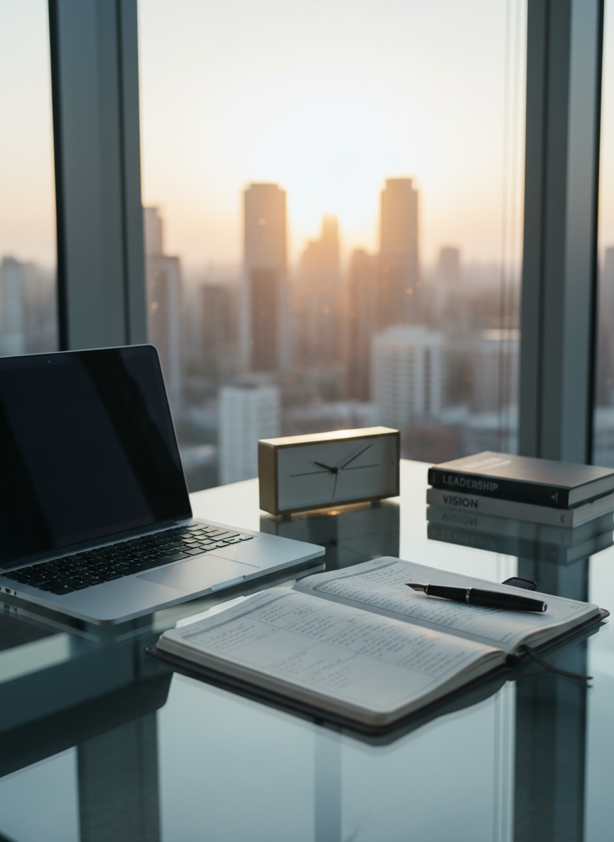 A meticulously organized glass-top desk in a high-rise corner office, featuring a slim silver laptop, a leather-bound planner open to a time-blocked schedule, and a single black fountain pen aligned perfectly with the notebook’s edge. A minimalist brass desk clock shows 6:00 AM beside a neatly stacked trio of monochrome books on leadership and strategy. Floor-to-ceiling windows reveal a softly blurred city skyline at dawn. Cool, diffused morning light washes across the reflective glass surface, creating crisp, elegant highlights and gentle shadows. Photographic realism at eye-level, composed with the rule of thirds and a shallow depth of field, conveying a calm, sophisticated atmosphere of disciplined focus and intentional career planning.