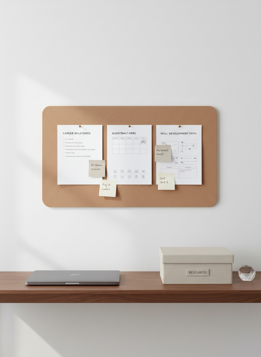 A sleek taupe corkboard mounted on a matte white wall above a slim walnut console, displaying a carefully curated career roadmap: clean-lined printed goal sheets, a quarterly OKR chart, and color-coded sticky notes in muted neutrals. Below, a closed graphite-gray laptop rests beside a structured linen-covered storage box and a single crystal paperweight. Soft daylight from an unseen side window casts even, diffused illumination, emphasizing textures without harsh contrasts. The photographic composition is straight-on, with balanced negative space and sharp focus throughout, evoking a refined, strategic environment where systems for disciplined growth are thoughtfully designed and reviewed.